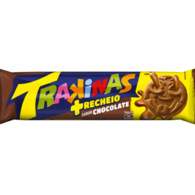 Barra de chocolate Trakinas recheado sabor chocolate em embalagem colorida