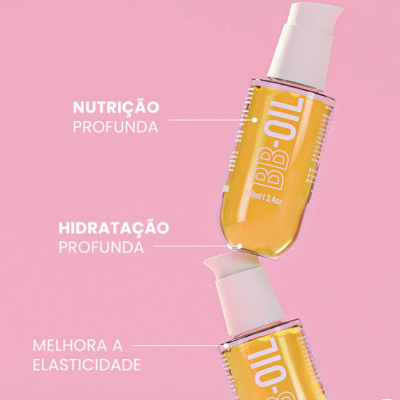 Dois frascos de óleo BB-OIL com tampa branca sobre fundo rosa e texto explicativo em branco