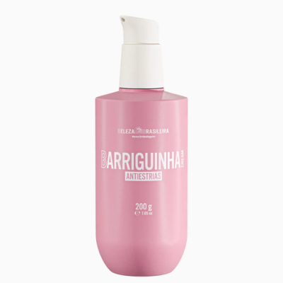 Frasco rosa com doseador branco de creme antiestrias para barriguinha, 200g, Beleza Brasileira