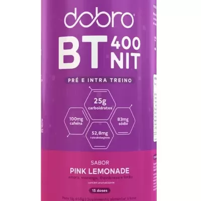 Embalagem rosa e roxa Dobro BT 400 NIT pré e intra treino sabor Pink Lemonade