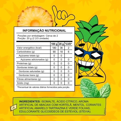 Ananás animado com óculos de sol e informação nutricional em fundo amarelo