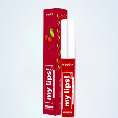 Glos labial vermelho Wepink com embalagem vermelha e cerejas