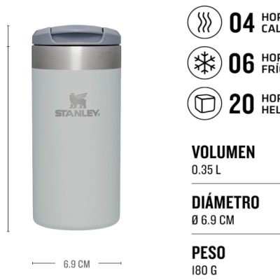 Garrafa térmica Stanley cinza com tampa cinzenta escura e especificações de volume, peso, e tempo para manter temperatura.