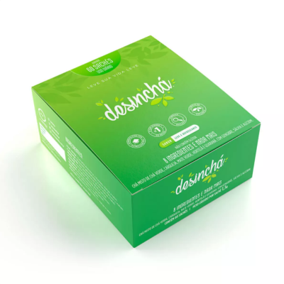 Caixa verde do produto désincha' com texto em branco e amarelo e ícones em branco