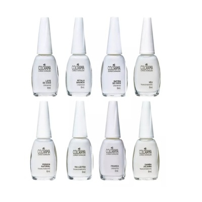 Oito frascos de verniz para unhas Colorama em várias tonalidades claras organizados em duas filas.