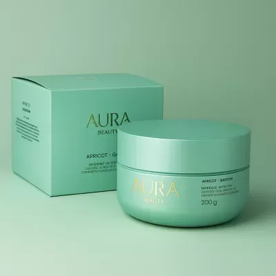 Creme Aura Beauty Apricot - Gardem em embalagem e caixa verde água com texto dourado e preto