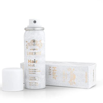 Frasco spray cabelo Hair Mist Wepink Liberté com caixa prateada e dourada