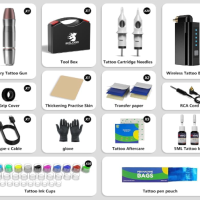 Conjunto completo de acessórios para tatuagem sobre fundo branco