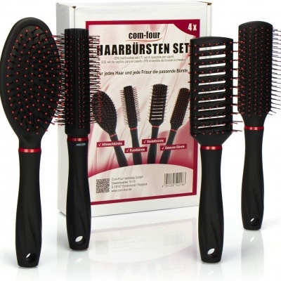 Conjunto de 4 escovas de cabelo pretas com cerdas vermelhas
