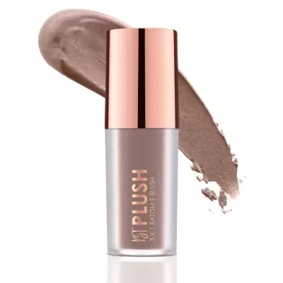 Frasco de batom líquido castanho com tampa dourada e texto PLUS 3X 1 BATOM E BLUSH