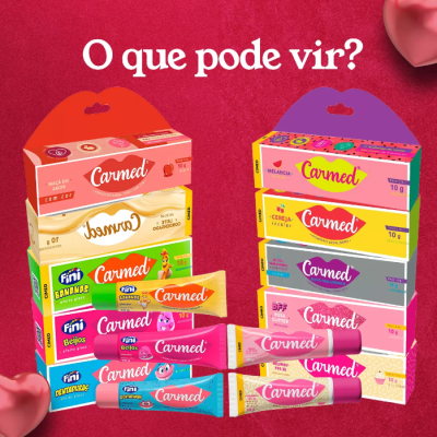 Caixas e tubos de creme dentário Carmed em várias cores e sabores com texto 'O que pode vir?'