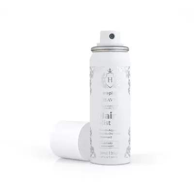 Frasco branco de spray Hair Mist com texto prateado e tampa removida