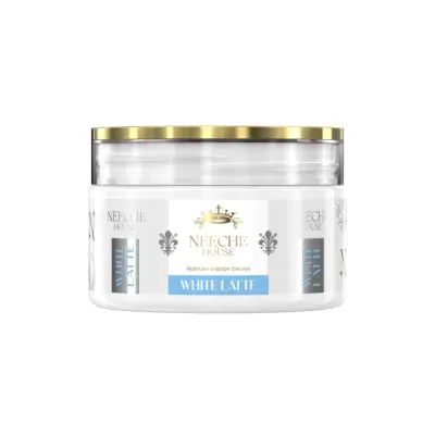 Frasco branco de creme corporal perfumado NEECHIE HOUSE com tampa dourada