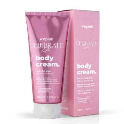 Creme corporal wepink Celebrate Life, embalagem cor-de-rosa com texto branco, 200ml