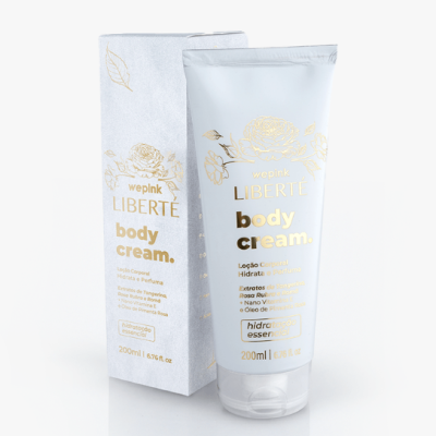 Creme corporal LIBERTÉ wepink em tubo branco com detalhes dourados e caixa prateada