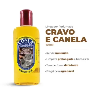 Frasco amarelo de limpador perfumado COALA Cravo & Canela com rótulo azul e amarelo e tampa vermelha