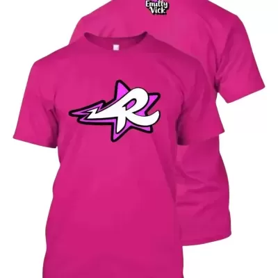 T-shirt rosa fúcsia com logótipo estrela e letra R na frente e texto Emilly Vick nas costas