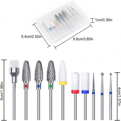 Conjunto de 10 brocas para manicure em caixa transparente com diversas formas e materiais