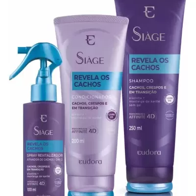 Conjunto de produtos para cabelo cacheado Eudora Siàge em embalagens roxas com rótulos azul e roxo.