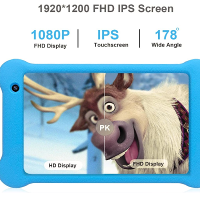 Tablet azul com ecrã comparativo entre HD e FHD, personagem animado de rena no ecrã