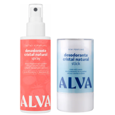 Dois desodorizantes ALVA, um spray vermelho e um stick azul