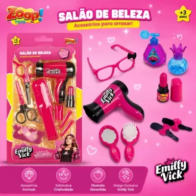 Brinquedo conjunto salão de beleza Emilly Vick com acessórios cor-de-rosa e preto em fundo rosa