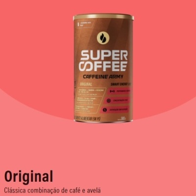 Lata de Super Coffee Caffeine Army cor castanho com texto em branco e dourado