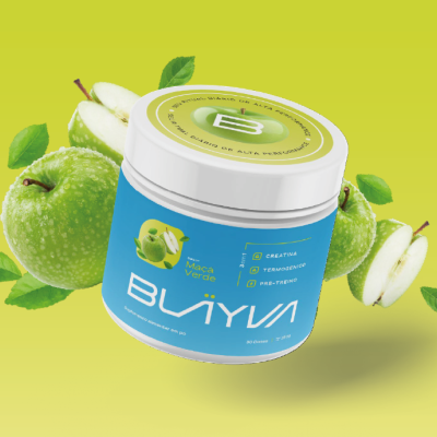 Suplemento em pó BLAYVA sabor Maçã Verde com frutas verdes e folhas num fundo amarelo