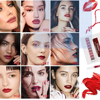 Diversos rostos femininos usando batons de várias cores e embalagem de batom da marca DNY