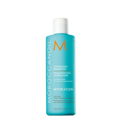 Frasco azul de shampoo Moroccanoil Hydrating com tampa branca