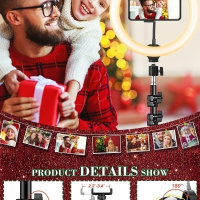 Homem e menina com anel de luz e telemóvel em suporte, luzes de Natal ao fundo