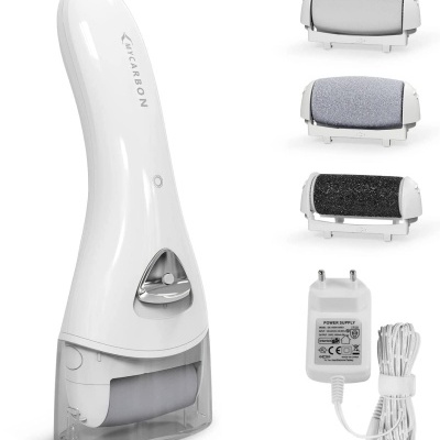 Dispositivo eletrônico branco com rolo removível e três recargas coloridas e adaptador de energia