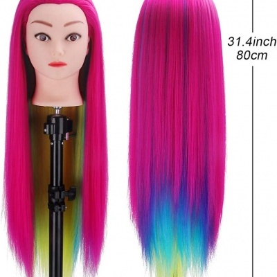 Cabeça manequim para treino com cabelo comprido colorido