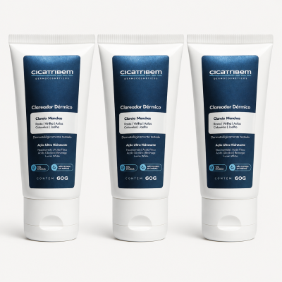 Três tubos brancos de creme Clareador Dérmico Cicatribem com rótulo azul escuro