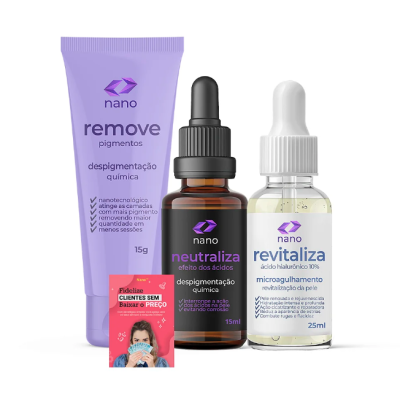 Produtos de skincare nano para despigmentação química e revitalização da pele com embalagem colorida e cartaz promocional rosa.