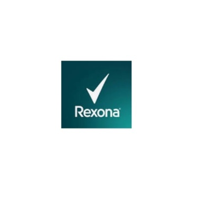 Logótipo da marca Rexona com símbolo de visto branco em fundo verde-azulado