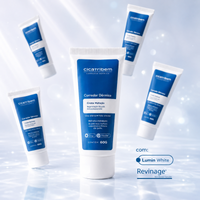 Tubos de creme dermico cicatribem com rótulo azul e branco, em fundo claro e brilhante