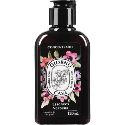 Frasco plástico negro com tampa doseadora e etiqueta floral GIORNO CASA Essences Verbena 120mL
