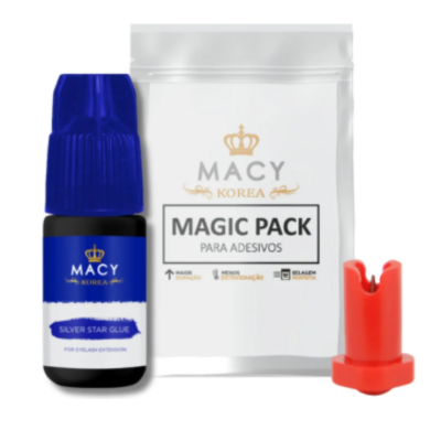 Conjunto para extensão de pestanas com cola azul, embalagem branca e aplicador vermelho.