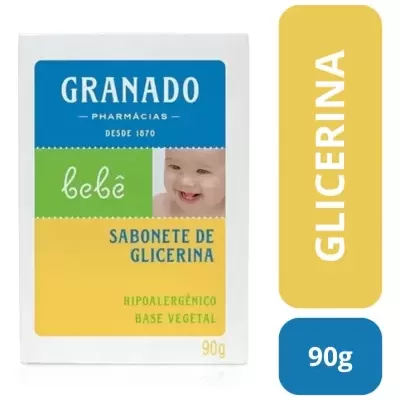 Embalagem de sabonete de glicerina Granado bebé com cores branca, azul, verde e amarelo