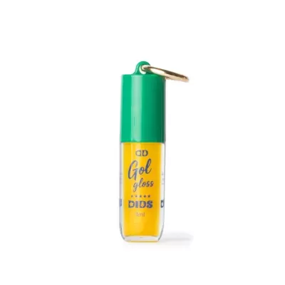 Gloss labial amarelo com tampa verde e argola dourada