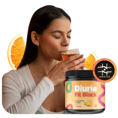 mulher a beber bebida alaranjada com suplemento Diurie Fit Black e fatias de laranja