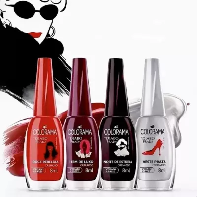 Conjunto de quatro vernizes Colorama em cores vermelho, vinho, preto e prata com rótulos em português.