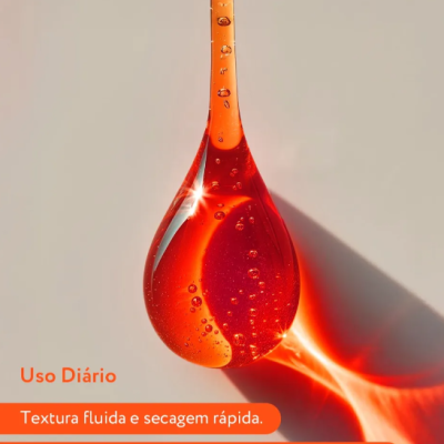 Gota alaranjada translúcida com bolhas e textos promocionais sobre cuidados para cabelo e pele