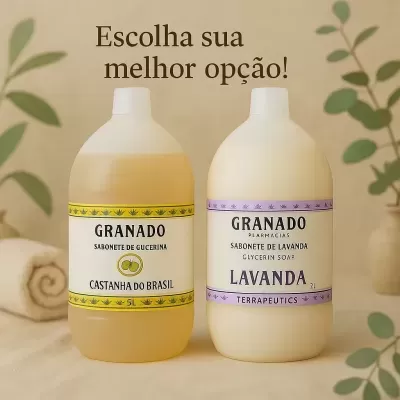 Duas embalagens grandes de sabonete Granado com texto promocional em fundo neutro com elementos naturais.