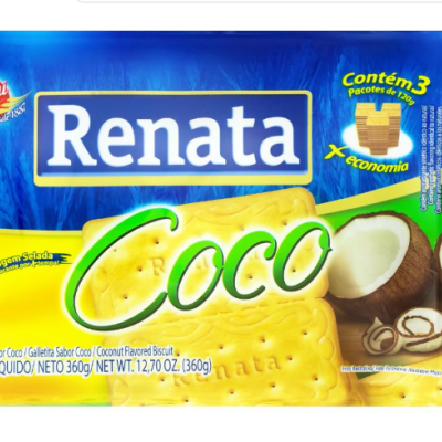 Pacote azul de biscoitos Renata sabor coco com imagens de biscoitos e cocos