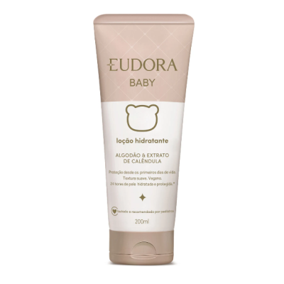 Embalagem de loção hidratante Eudora Baby bege e branca 200ml