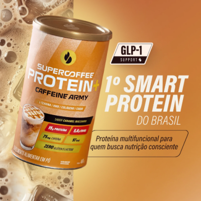 Embalagem do suplemento em pó Supercoffee Protein+ sabor caramelo macchiato com informações nutricionais e texto promocional em português