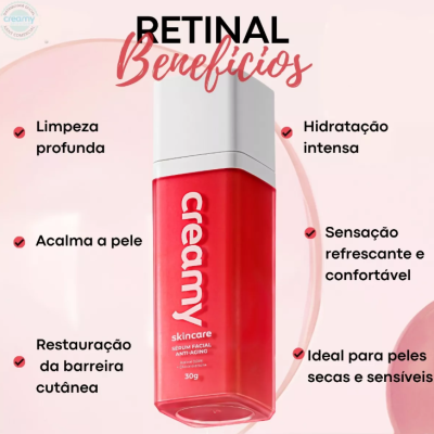 Frasco vermelho de sérum facial Creamy Anti-aging com tampa branca sobre fundo rosa claro