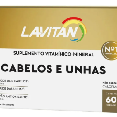 Embalagem de suplemento Lavitan Cabelos e Unhas dourada e branca com texto